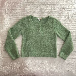 Hazel Moon Sage Green Fuzzy Eyelash Long Sleeve Sweater Cropped Crop Top